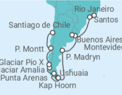 Reiseroute der Kreuzfahrt  Von Rio de Janeiro (Brasilien) nach Santiago de Chile - Cunard