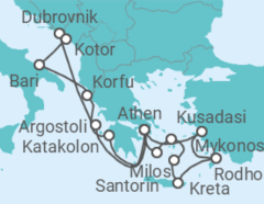 Reiseroute der Kreuzfahrt  Türkei, Griechenland, Montenegro, Kroatien, Italien - Celestyal Cruises