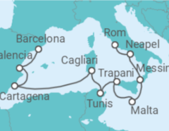 Reiseroute der Kreuzfahrt  Italien, Malta, Tunesien, Spanien - Oceania Cruises