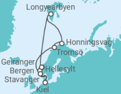 Reiseroute der Kreuzfahrt  14 Nächte - Traumreise Norwegen bis zum Nordkap - ab/bis Kiel - Mein Schiff