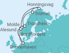 Reiseroute der Kreuzfahrt  12 Nächte - Norwegens Fjordwelten mit Nordkap - ab/bis Bremerhaven - mit Flug - Mein Schiff