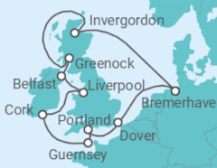 Reiseroute der Kreuzfahrt  14 Nächte - Rund um die grüne Insel - ab/bis Bremerhaven - Mein Schiff