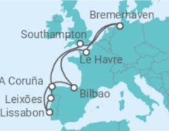 Reiseroute der Kreuzfahrt  12 Nächte - Westeuropas Vielfalt - ab/bis Bremerhaven - Mein Schiff