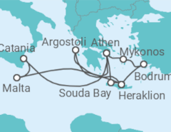 Reiseroute der Kreuzfahrt  14 Nächte - Inselperlen des Mittelmeers mit Athen - ab/bis Heraklion - mit Flug - Mein Schiff