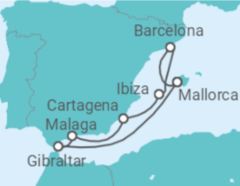 Reiseroute der Kreuzfahrt  Mediterrane Schätze mit Gibraltar ab Barcelona - mit Flug - AIDA
