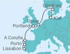 Reiseroute der Kreuzfahrt  Westeuropa-Highlights von Lissabon nach Kiel - mit Flug - AIDA