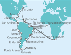 Reiseroute der Kreuzfahrt  CIRCLE SOUTH AMERICA GRAND VOYAGE - Azamara