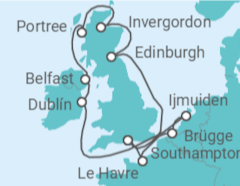 Reiseroute der Kreuzfahrt  Vereinigtes Königreich, Irland, Niederlande, Belgien, Frankreich - NCL Norwegian Cruise Line