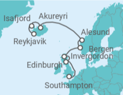 Reiseroute der Kreuzfahrt  Vereinigtes Königreich, Norwegen, Island - NCL Norwegian Cruise Line