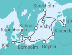Reiseroute der Kreuzfahrt  Kiel • Kopenhagen • Kalmar • Stockholm • Gotland • Riga • Klaipeda • Danzig • Bornholm • Kiel - Nicko Cruises