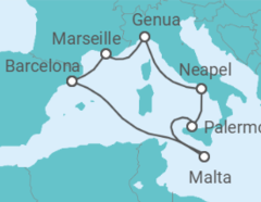 Reiseroute der Kreuzfahrt  Spanien, Frankreich, Italien - MSC Cruceros