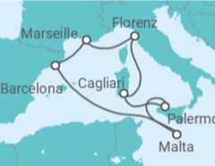 Reiseroute der Kreuzfahrt  Italien, Malta, Spanien, Frankreich - MSC Cruceros