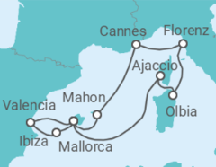 Reiseroute der Kreuzfahrt  Mittelmeerinseln mit Sonnenfinsternis ab Mallorca - AIDA