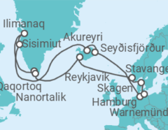 Reiseroute der Kreuzfahrt  Island & Grönland von  Hamburg nach Warnemünde - AIDA