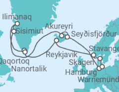 Reiseroute der Kreuzfahrt  Island & Grönland von  Hamburg nach Warnemünde - mit Flug - AIDA