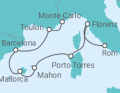 Reiseroute der Kreuzfahrt  Italien, Spanien, Frankreich - Oceania Cruises