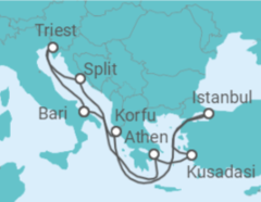 Reiseroute der Kreuzfahrt  Italien, Kroatien, Griechenland, Türkei - MSC Cruceros