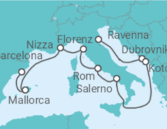 Reiseroute der Kreuzfahrt  Kroatien, Montenegro, Italien, Frankreich, Spanien - NCL Norwegian Cruise Line