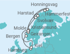 Reiseroute der Kreuzfahrt  Hamburg • Bergen • Geiranger • Kristiansund • Lofoten • Nordkap • Hammerfest • Harstad • Molde • Kie - mit Flug - Nicko Cruises