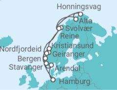 Reiseroute der Kreuzfahrt  Hamburg • Bergen • Geiranger • Kristiansund • Lofoten • Nordkap • Alta • Lofoten • Nordfjordeid • St - mit Flug - Nicko Cruises