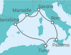 Reiseroute der Kreuzfahrt  Italien, Frankreich, Spanien, Tunesien - Costa Kreuzfahrten