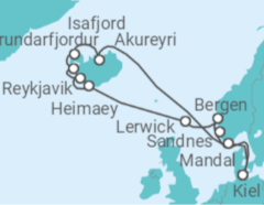 Reiseroute der Kreuzfahrt  Kiel • Sandnes • Bergen • Shetlandinseln • Westmännerinseln • Island • Mandal • Kiel - mit Flug - Nicko Cruises