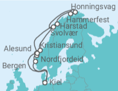 Reiseroute der Kreuzfahrt  Kiel • Bergen • Nordfjordeid • Kristiansund • Lofoten • Nordkap • Hammerfest • Harstad • Ålesund • K - mit Flug - Nicko Cruises