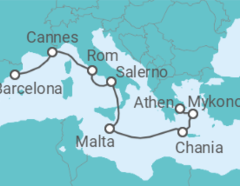 Reiseroute der Kreuzfahrt  Frankreich, Italien, Malta, Griechenland - Virgin Voyages
