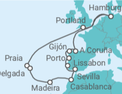 Reiseroute der Kreuzfahrt  Große Winterpause Azoren & Marokko - mit Flug - AIDA
