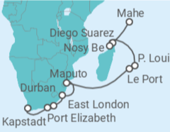 Reiseroute der Kreuzfahrt  Seychellen, Mauritius & Südafrika 2 - mit Flug - AIDA
