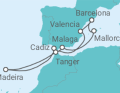 Reiseroute der Kreuzfahrt  Spanien, Marokko, Portugal - Virgin Voyages