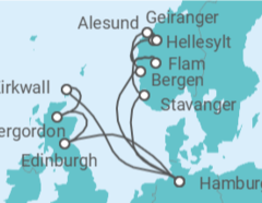 Reiseroute der Kreuzfahrt  Vereinigtes Königreich, Deutschland, Norwegen - Costa Kreuzfahrten