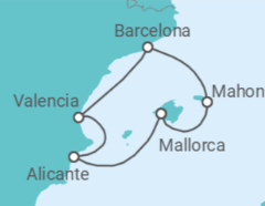 Reiseroute der Kreuzfahrt  Mallorca • Menorca • Barcelona • Valencia • Alicante • Mallorca - mit Flug - Nicko Cruises