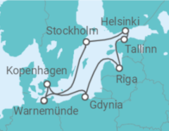 Reiseroute der Kreuzfahrt  10 Nächte - Metropolen der Ostsee intensiv - ab/bis Warnemünde  - mit Flug - Mein Schiff