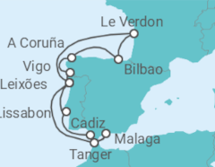 Reiseroute der Kreuzfahrt  14 Nächte - Rund um die Iberische Halbinsel - ab/bis Leixões (Porto) - Mein Schiff