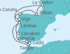 Reiseroute der Kreuzfahrt  14 Nächte- Rund um die Iberische Halbinsel - ab/bis Leixões (Porto) - mit Flug - Mein Schiff