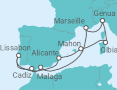 Reiseroute der Kreuzfahrt  Frankreich, Spanien, Portugal, Italien Alles Inklusive - MSC Cruceros
