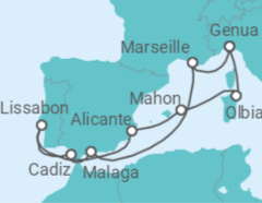 Reiseroute der Kreuzfahrt  Spanien, Portugal, Italien, Frankreich Alles Inklusive - MSC Cruceros
