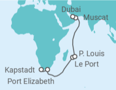 Reiseroute der Kreuzfahrt  Von Kapstadt über Mauritius nach Dubai 1 - mit Flug - AIDA