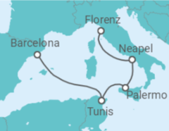 Reiseroute der Kreuzfahrt  Tunesien, Italien - MSC Cruceros