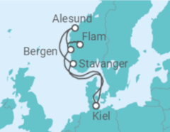Reiseroute der Kreuzfahrt  Norwegens Welterbe ab Kiel - mit Flug - AIDA