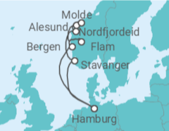 Reiseroute der Kreuzfahrt  Norwegens Fjord-Weltnaturerbe ab Hamburg 1 - mit Flug - AIDA