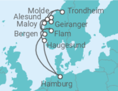 Reiseroute der Kreuzfahrt  Norwegens Fjord-Weltnaturerbe ab Hamburg 2 - mit Flug - AIDA
