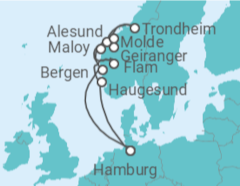 Reiseroute der Kreuzfahrt  Norwegens Fjord-Weltnaturerbe ab Hamburg 2 - mit Flug - AIDA