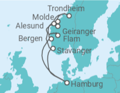 Reiseroute der Kreuzfahrt  Norwegens Fjord-Weltnaturerbe ab Hamburg 1 - mit Flug - AIDA