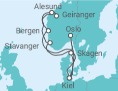 Reiseroute der Kreuzfahrt  Norwegen & Dänemark ab Kiel 2 - mit Flug - AIDA