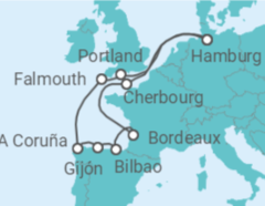 Reiseroute der Kreuzfahrt  Ärmelkanal & Golf von Biskaya ab Hamburg - mit Flug - AIDA