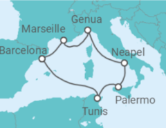 Reiseroute der Kreuzfahrt  Italien, Tunesien, Spanien, Frankreich - MSC Cruises
