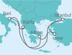 Reiseroute der Kreuzfahrt  Griechenland, Italien, Türkei - MSC Cruceros