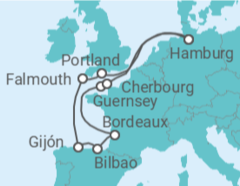 Reiseroute der Kreuzfahrt  Ärmelkanal & Golf von Biskaya mit Sonnenfinsternis  Alles Inklusive - AIDA